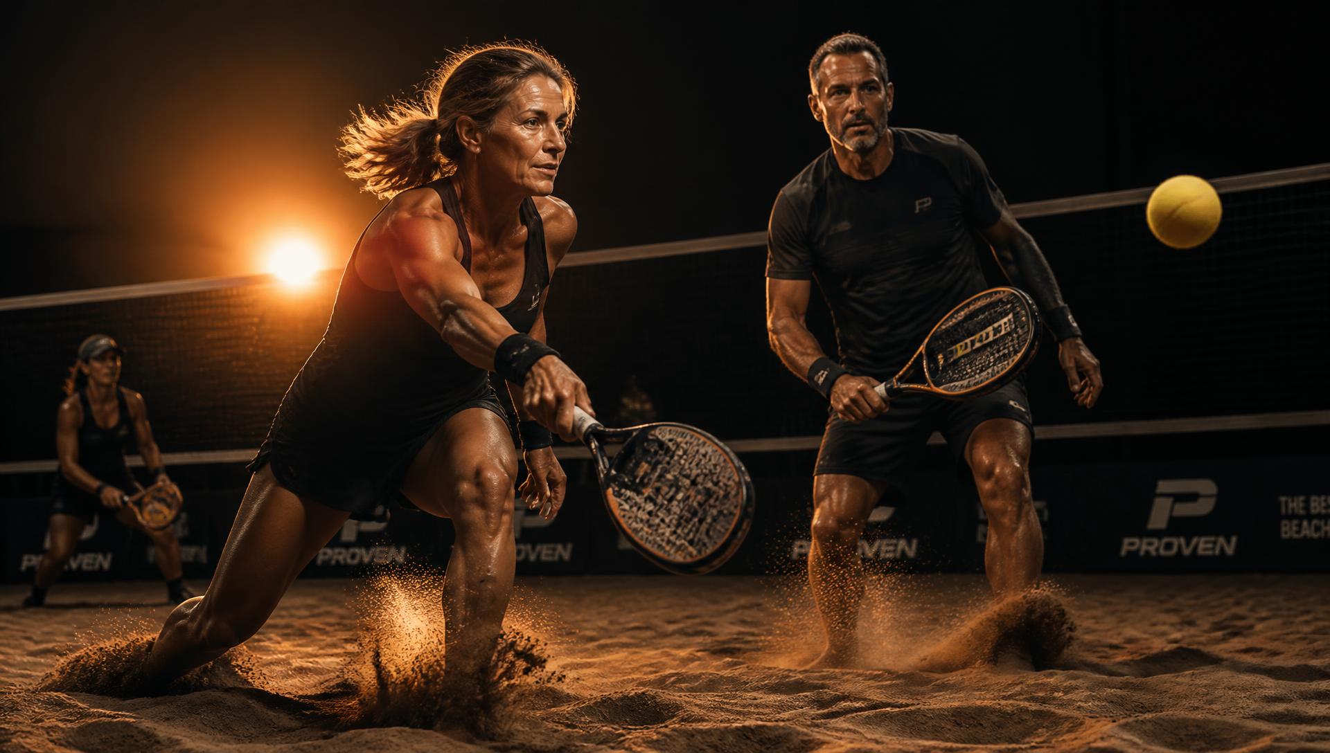 Atletas Cavernas em ação em quadra de beach tennis ao anoitecer